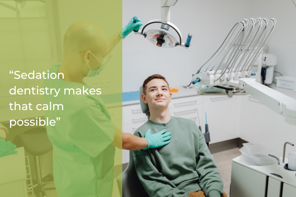 A dentist in gloves and mask prepares a young male patient for a procedure in a modern dental clinic, with a quote about sedation dentistry on the left side.